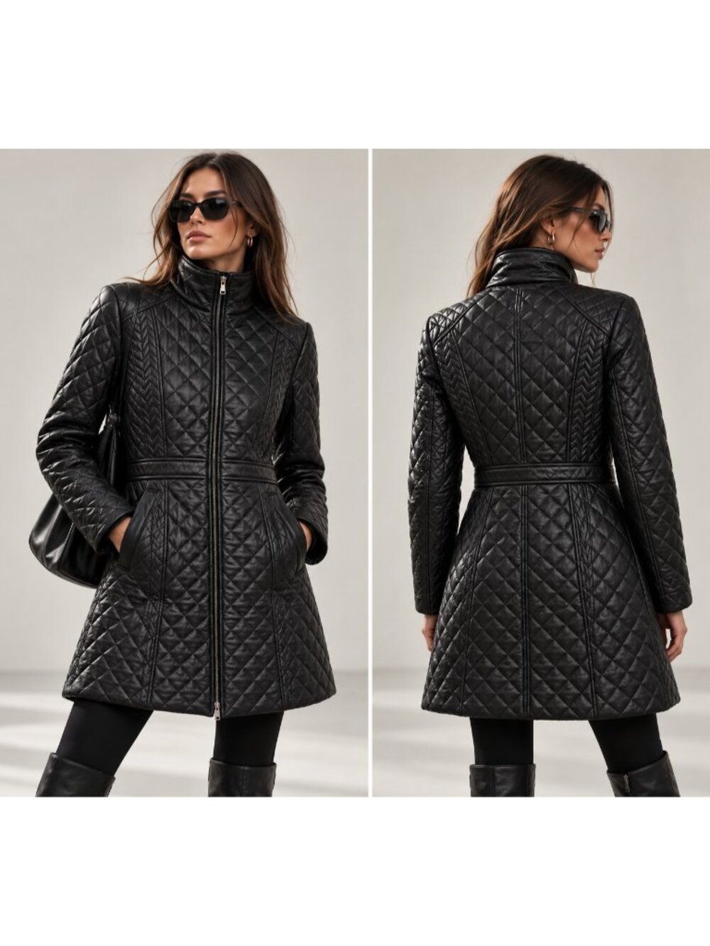 Jones New York Women's Genuine Leather Quilted Black Coat Jacket Size M